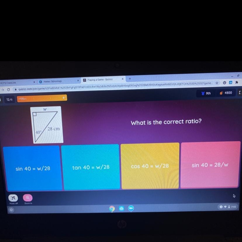 What is the correct ratio? Sin 40=w/28 Tan 40=w/28 Cos 40 = w/28 Sin 40 = 28/w-example-1