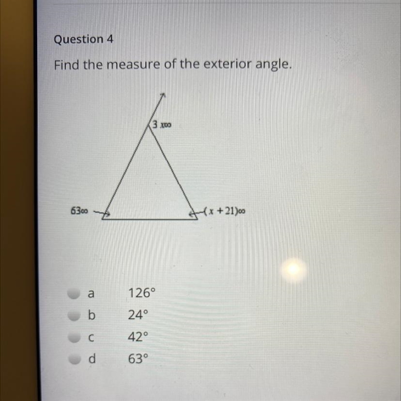 Please help!!!!!!!!!!! Find the measure of the exterior angle-example-1