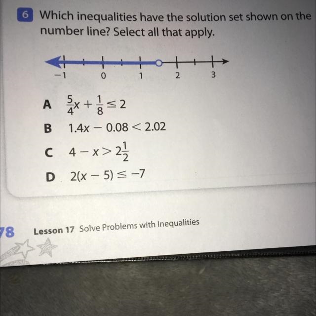 Which inequalities have the solution set shown on the number line?-example-1