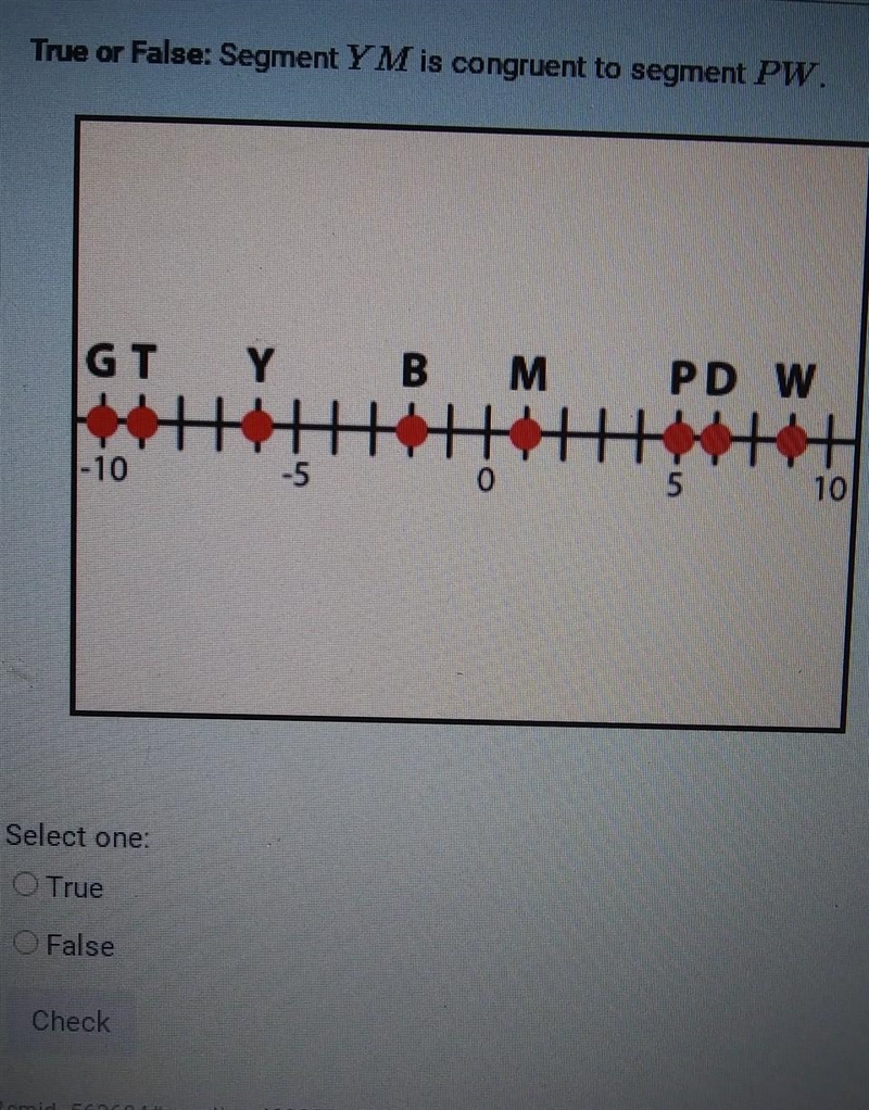 True or False: Segment Y M is congruent to segment PW. GT Y BM PD W -10 -5 0 5 10 Select-example-1