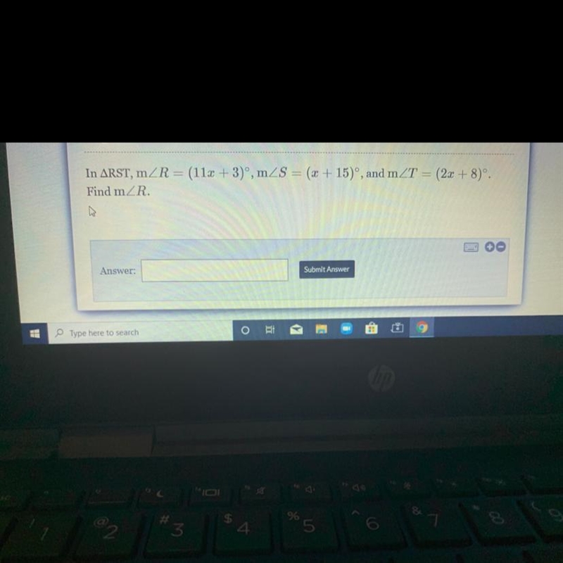 In ARST, mZR = (11x + 3)º, mZS = (x + 15), and mZT = (2x + 8). Find mZR-example-1