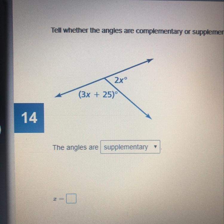 Tell whether the angels are complementary or supplementary then find x-example-1