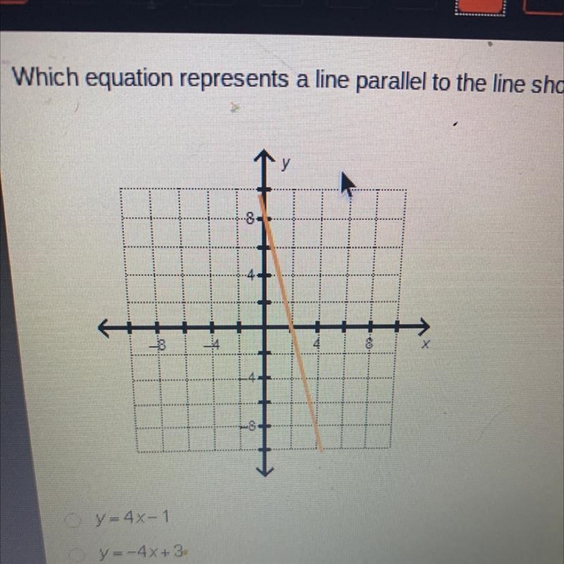 NEED HELP Which equation represents a line parallel to the line shown on the graph-example-1