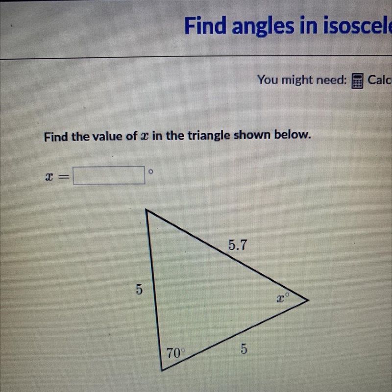 Find the value of x in the triangle shown below.-example-1