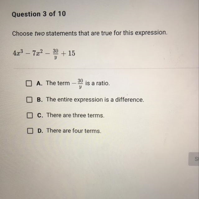 Choose two statements that are true for this expression. 423 – 7x2 – 30 + 15 A. The-example-1