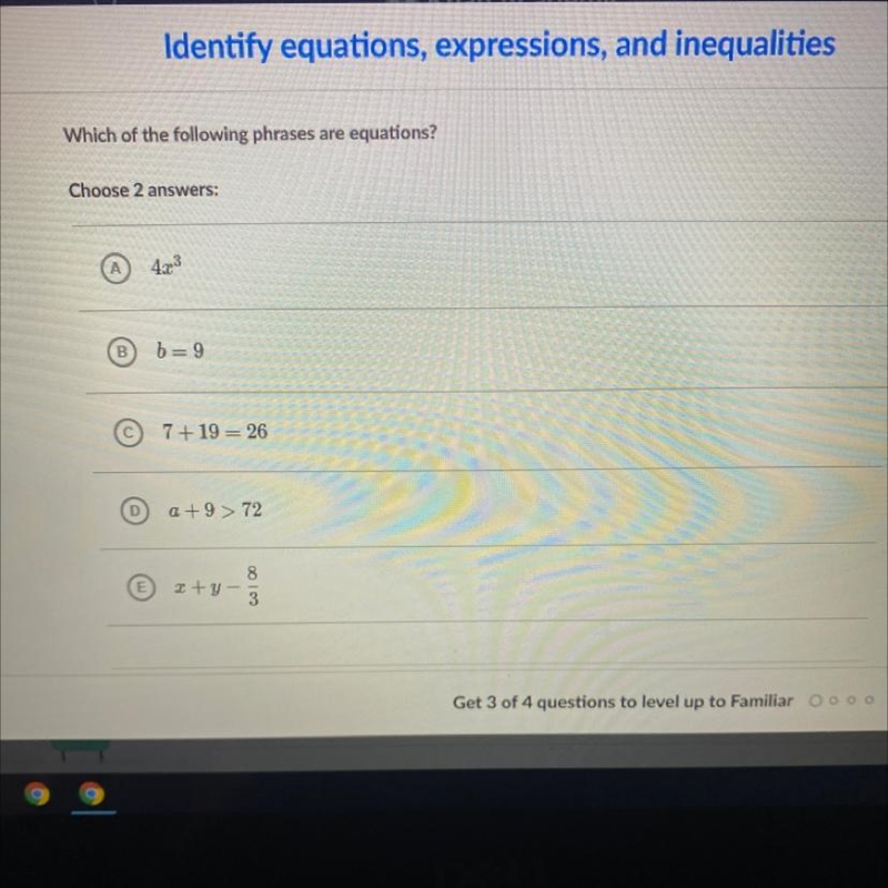 Which of the following phrases are equations? Choose 2 answers: LOOK AT PICTURES PLS-example-1