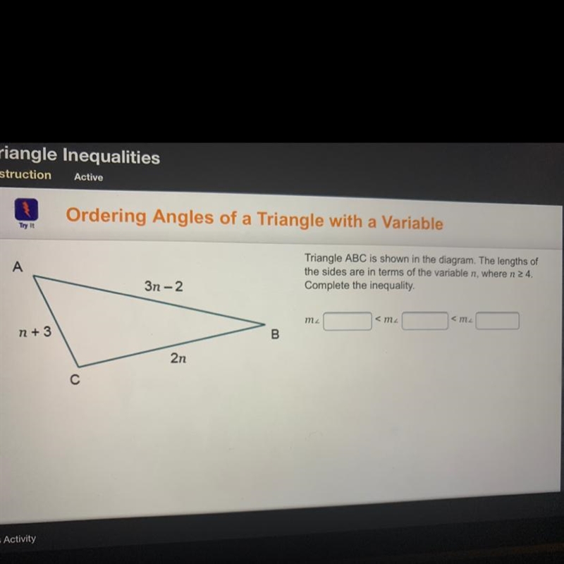 triangle ABC is shown in the diagram. The links of the sides are in terms of the variable-example-1