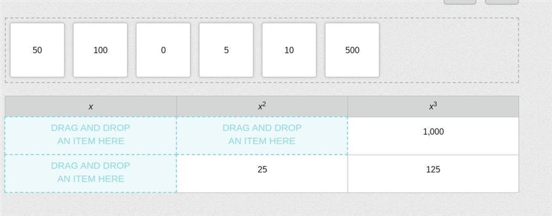 Drag numbers to complete the table for missing values of x, x2, and x3.-example-1