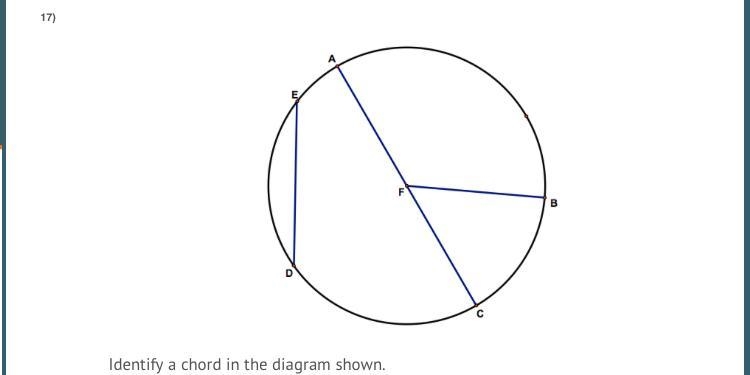 Identify a chord in the diagram shown. A) DE B) DC C) BF D) BC-example-1