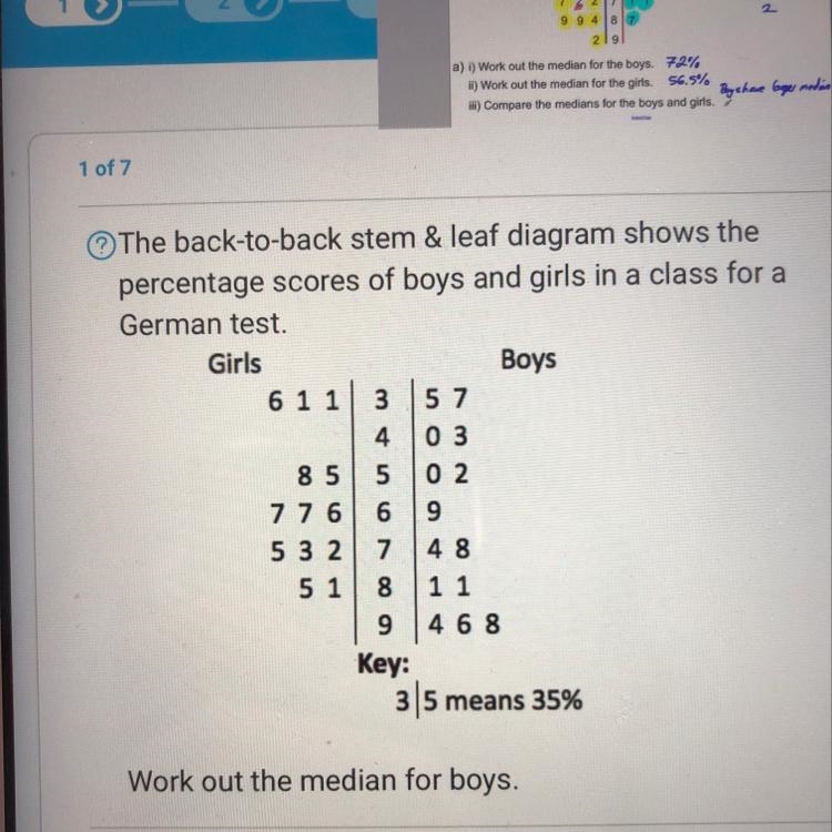 The back-to-back stem and leaf diagram shows the percentage score of boys and girls-example-1