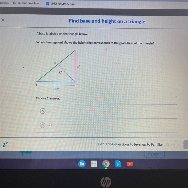 A base is labeled on the triangle below. Which line segment shows the height that-example-1