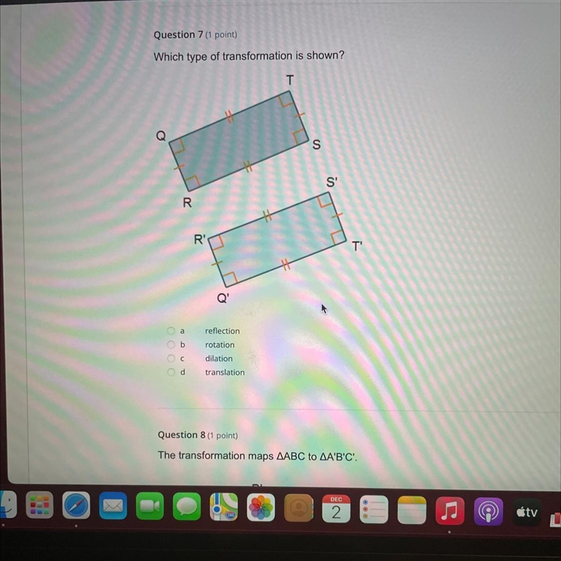 Which type of transformation is shown? T s S' R R' T' Q' a b С О СО reflection rotation-example-1