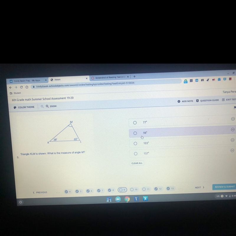 M 38 65 Triangle KLM is shown. What is the measure of angle M-example-1