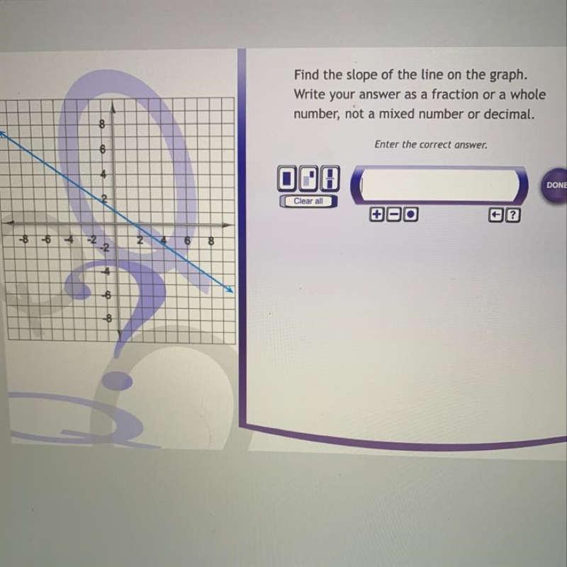 Help!!!! Find the slope of the line on the graph. Write your answer as a fraction-example-1