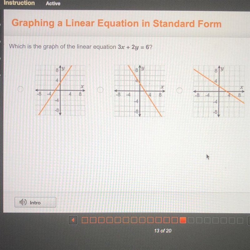 Which is the graph of the linear equation 3x + 2y = 6?-example-1