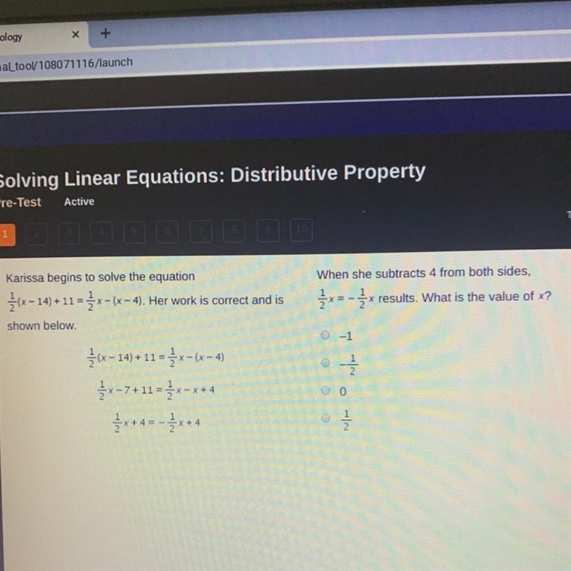 HURRY PLEASE I NEED HELP!!! When she subtracts 4 from both sides, 1/2x=- 1/2x results-example-1