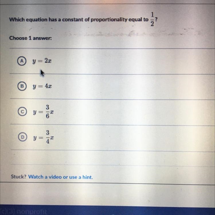 Which equation has a constant of proportionality equal to ? 1/2 Choose 1 answer:-example-1