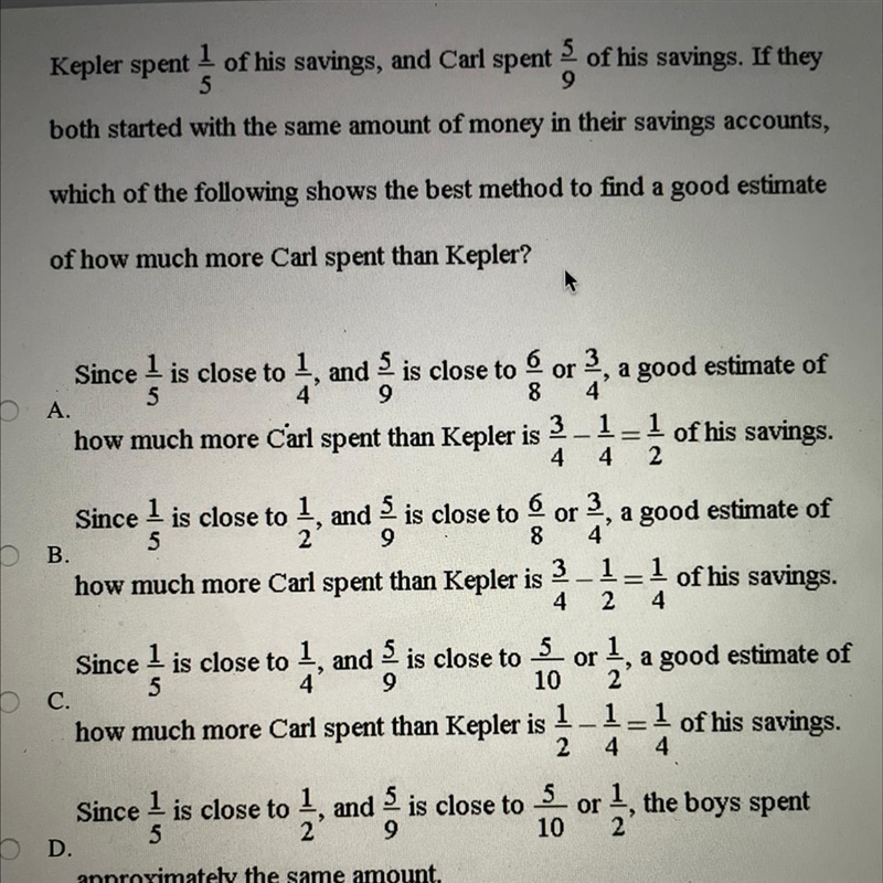 Kepler spent 1/5 of his savings, and Carl spend 5/9 of his savings. If they both started-example-1