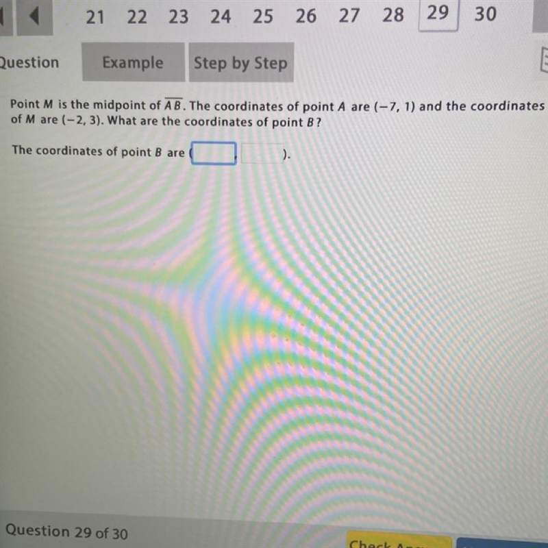 SOMEONE HELP Point M is the midpoint of AB. The coordinates of point A are (-7,1) and-example-1