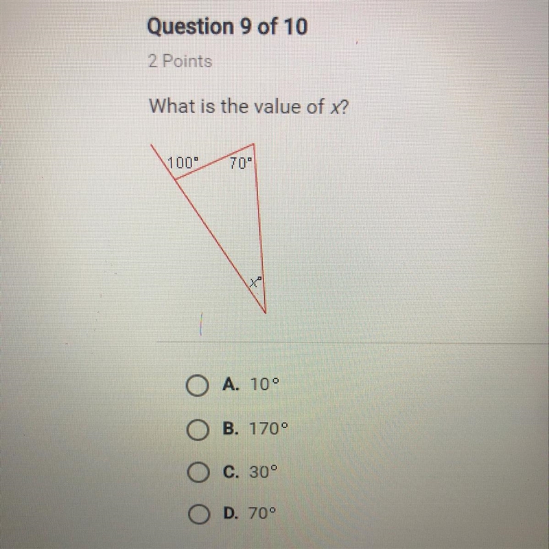 What is the value of x? 1000 O A. 10° B. 1700 O c. 30° O D. 70°-example-1