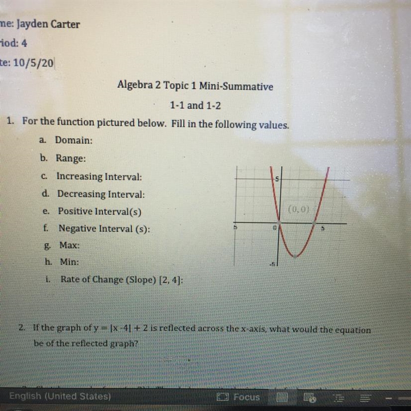 For the function pictured below. Fill in the following values. a.Domain: b. Range-example-1