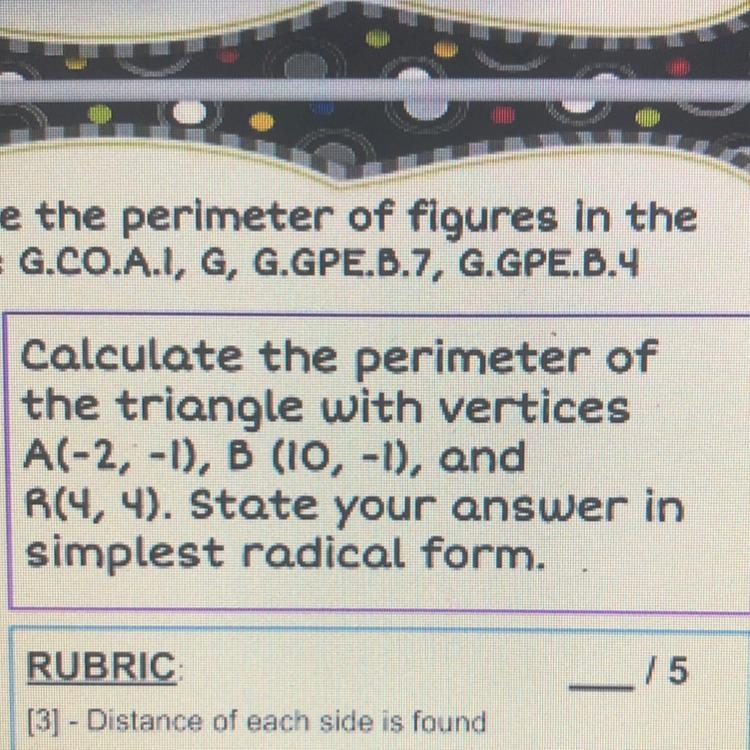 Calculate the perimeter of the triangle with vertices A(-2, -1), B (10, -1), and R-example-1