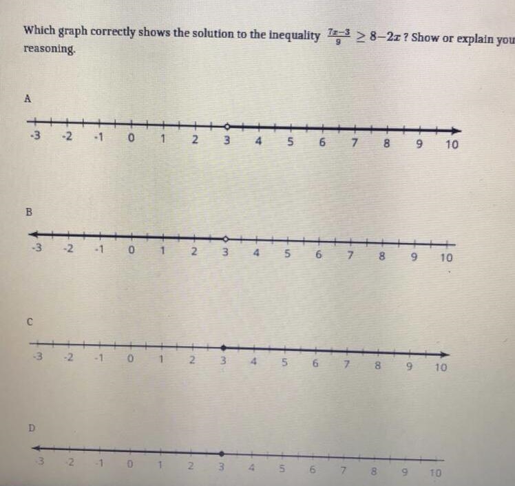 CAN SOMEONE PLEASE HELP ME the equation is 7x-3/9 > 8-2x-example-1