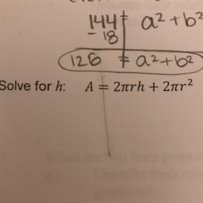 Solve for h: A = 2(pi)rh + 2(pi)r^2-example-1