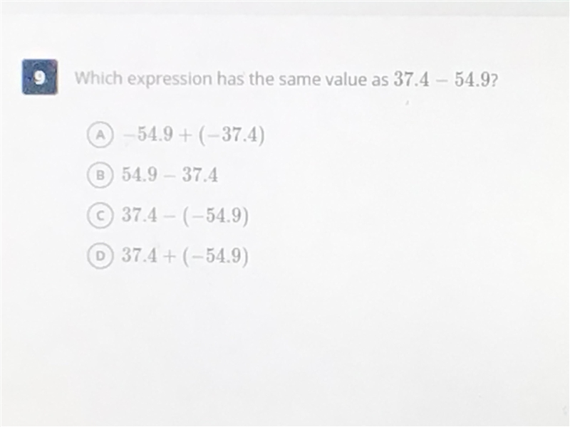 Which expression has the same value as 37.4 - 54.9?-example-1