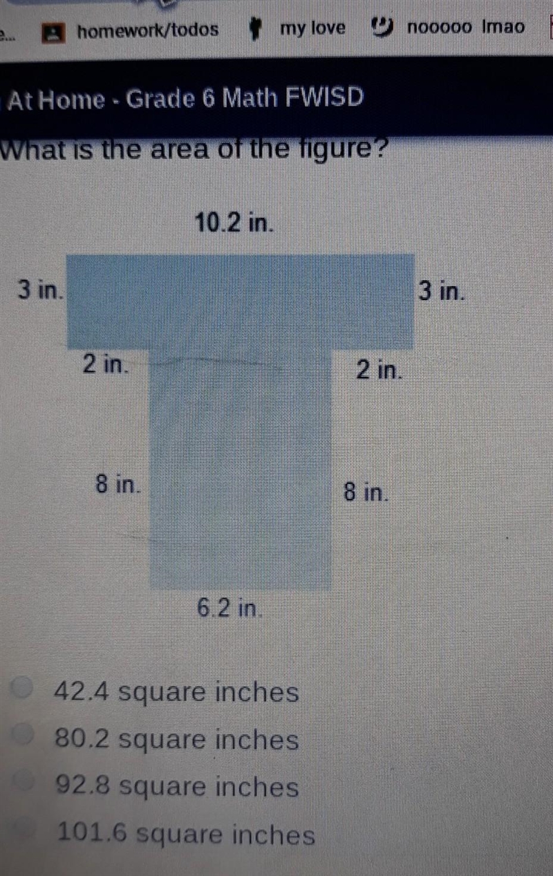 What is the area of the figure? 10.2 in. 3 in. 3 in 2 in. 2 in. 8 in. 6.2 in​-example-1