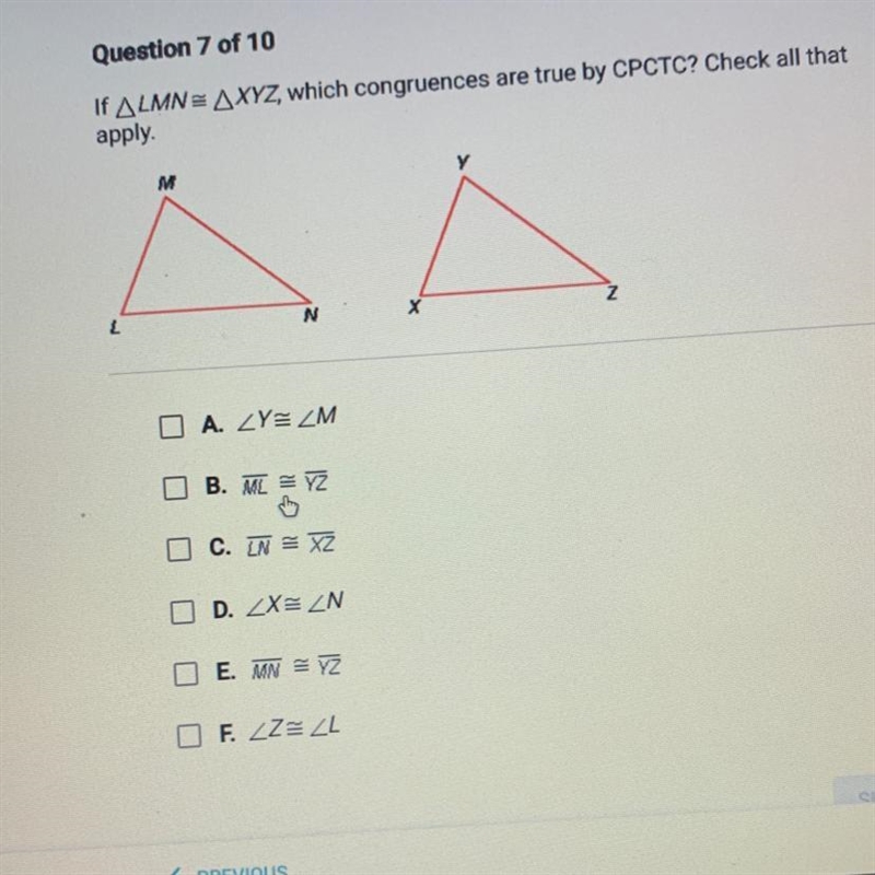 If LMN=XYZ, which congruences are true by CPCTC?-example-1