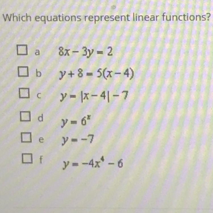 Which equations represent linear functions?-example-1