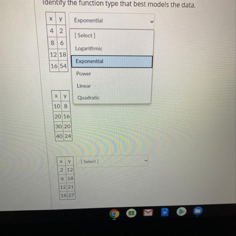 Identify the function type that best models the data. ху Exponential 42 8 6 12 18 16 54-example-1