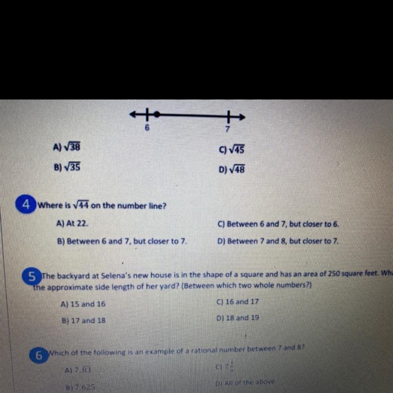 #4 Where is 44 on the number line? A) At 22. C) Between 6 and 7, but closer to 6. B-example-1