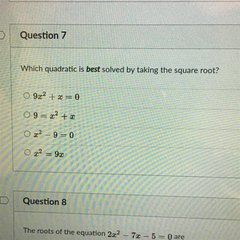 Which quadratic is best solved by taking the square root?-example-1