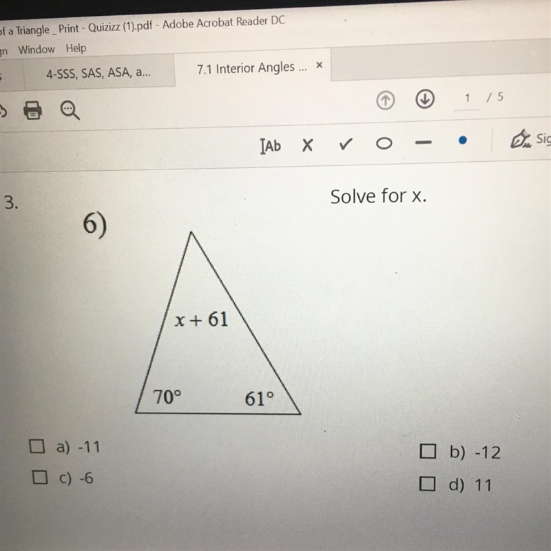 ANSWER THIS ASAP PLS!!! Solve for x. A) -11 B) -12 C) -6 D) 11-example-1