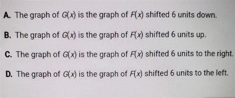 Suppose that G(x) = F(x+6). Which statement best compares tye graph of G(x) with the-example-1