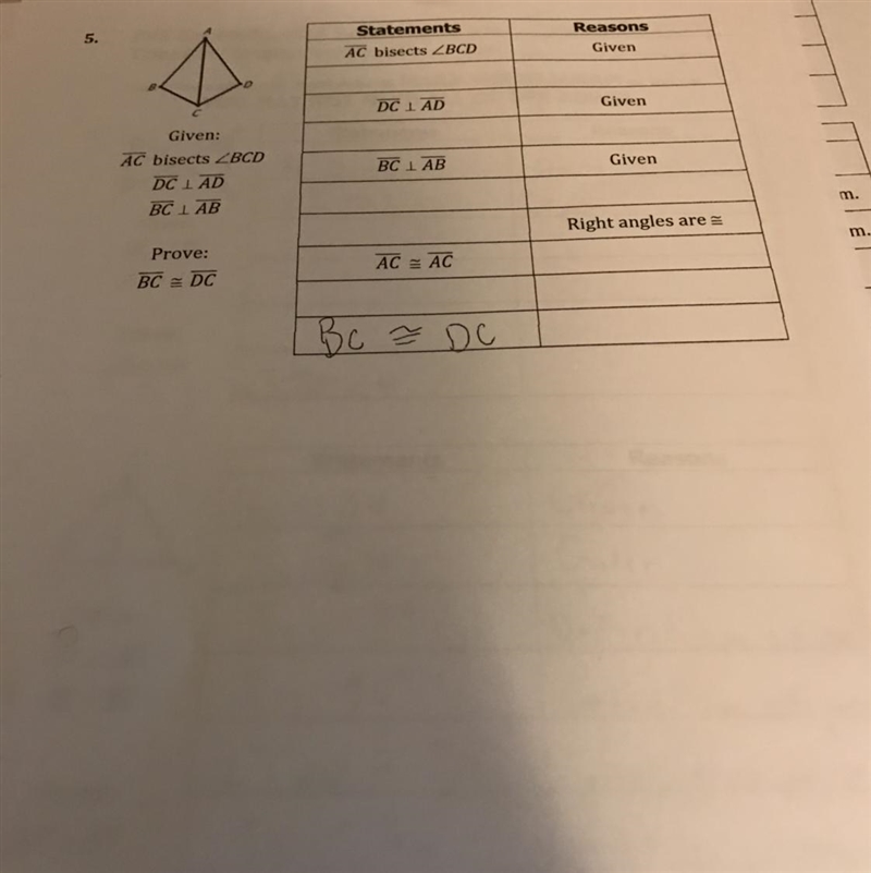 Oblems Congruency Pront Name: Jarol Comments Statements AC bisects BCD Reasons Given-example-1