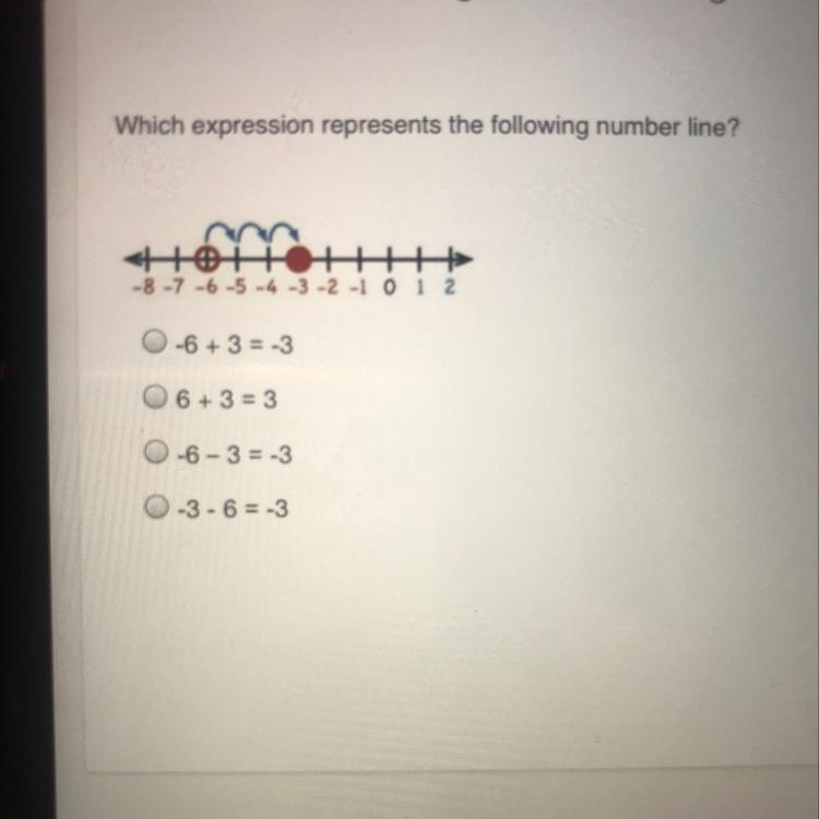 Which expression represents the following number line? +++++++++ -8-7-6-5-4-3-2-1012 0-6+3 = 3 6+3=3 0-6-3= -3 3-6-3 Help-example-1