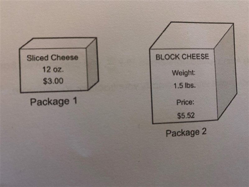 mr jones is deciding which package of cheese to buy. which package costs less per-example-1