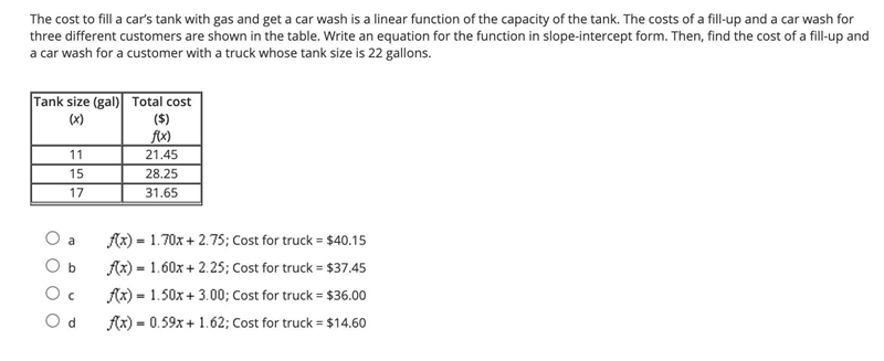 The cost to fill a car’s tank with gas and get a car wash is a linear function of-example-1