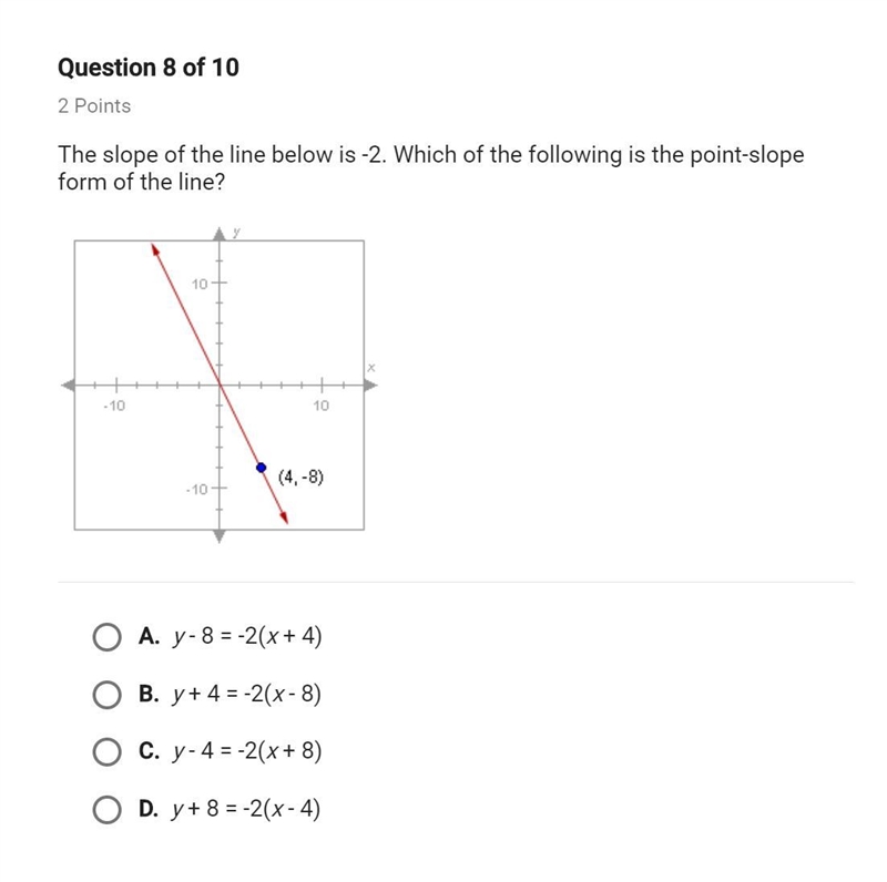 The slope of the line below is -2. which of the following is the point-slope form-example-1