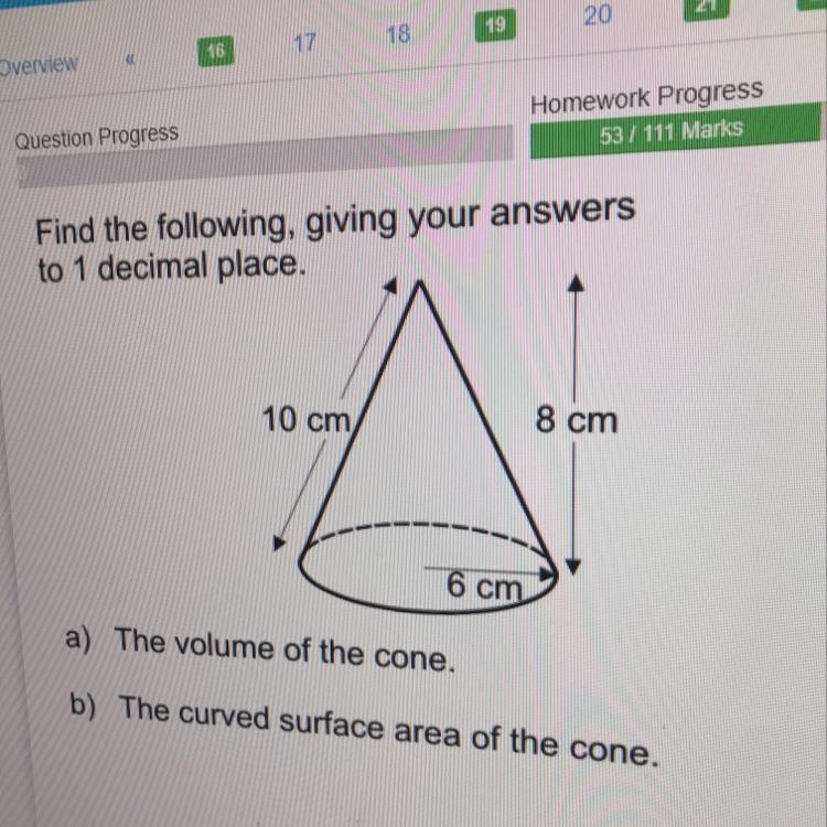 Find the volume of the cone and the curved surface area of the cone-example-1