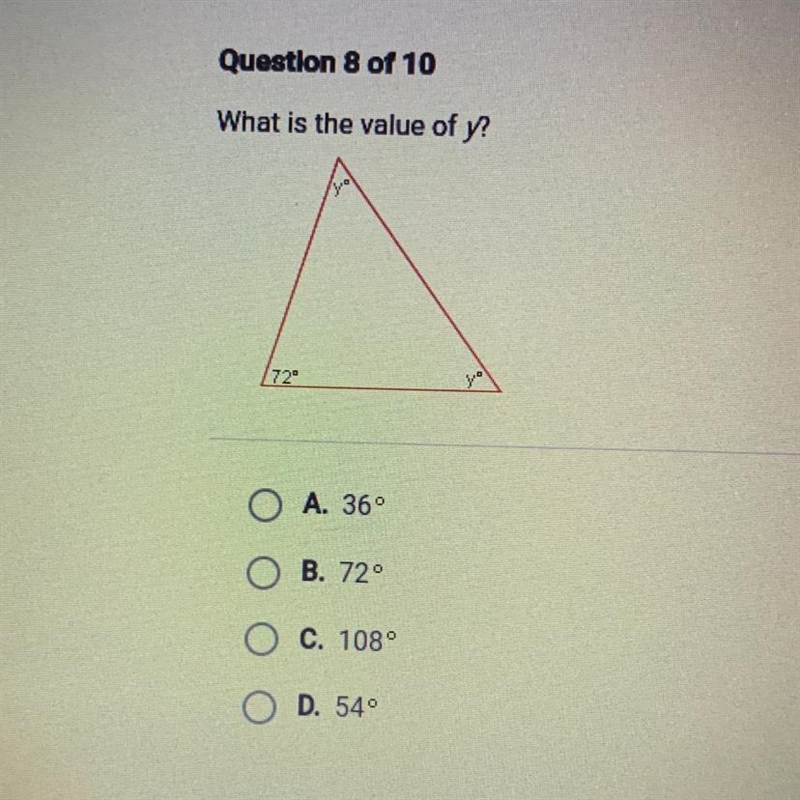 What is the value of y? A. 36° B.72 C. 108° D. 54-example-1