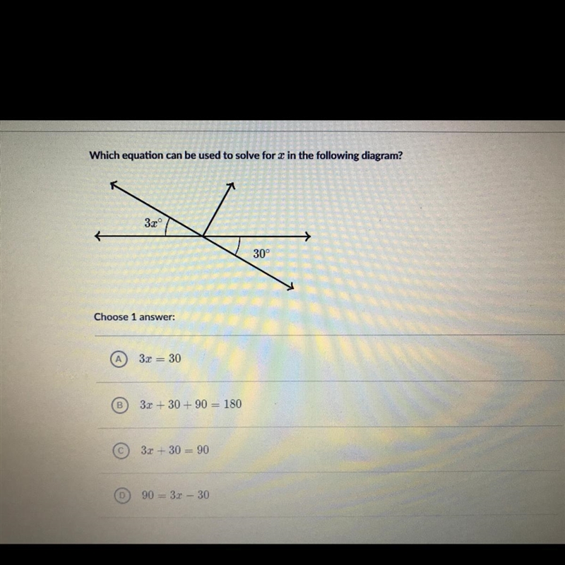 Which equation can be used to solve for in the following diagram? 3. 30° Choose 1 answer-example-1