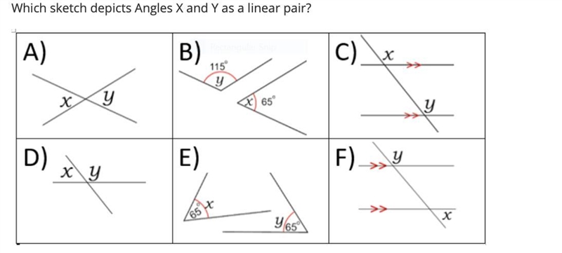 Which sketch depicts Angles X and Y as a linear pair?-example-1