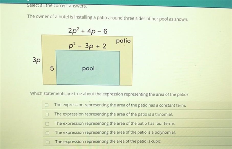 The owner of a hotel is installing a patio around three sides of her pool as shown-example-1