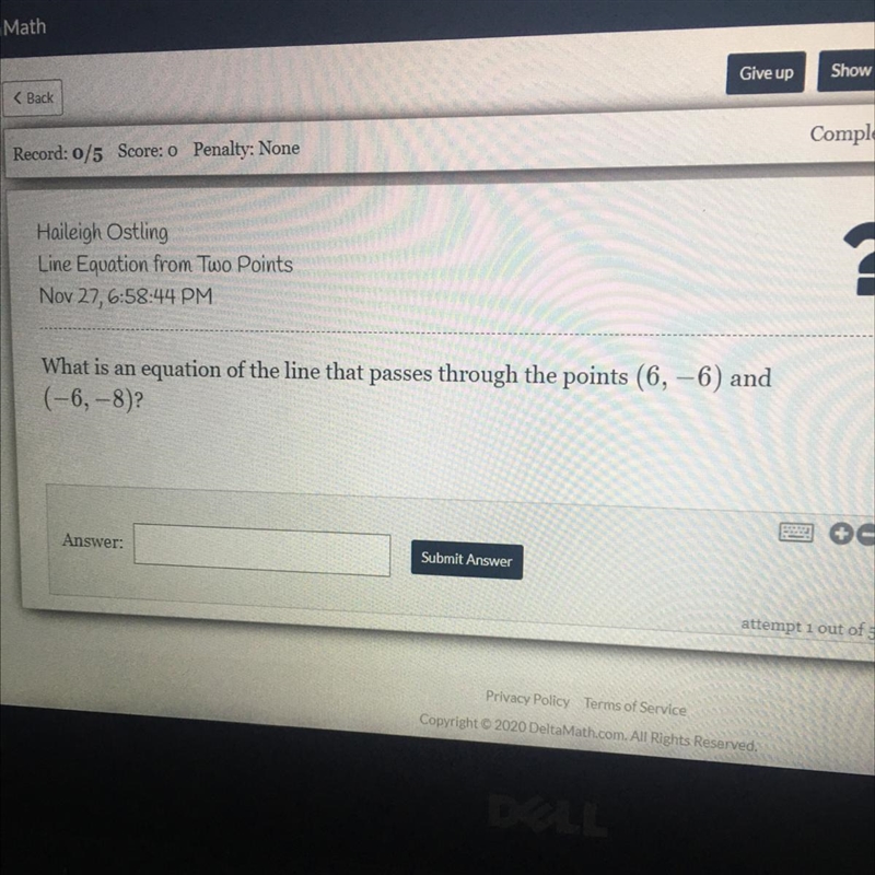 What is an equation of the line that passes through the points (6, -6) and (-6, -8)-example-1