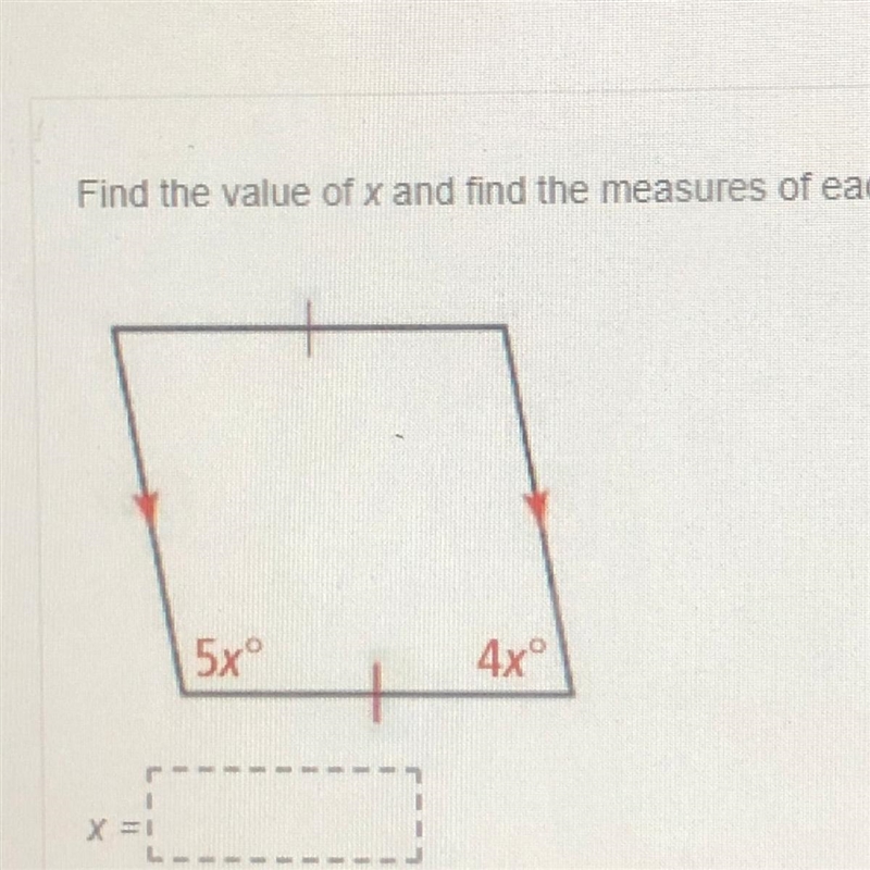 Find the value of x and find the measures of each of the labeled angles. 5xº 4x-example-1