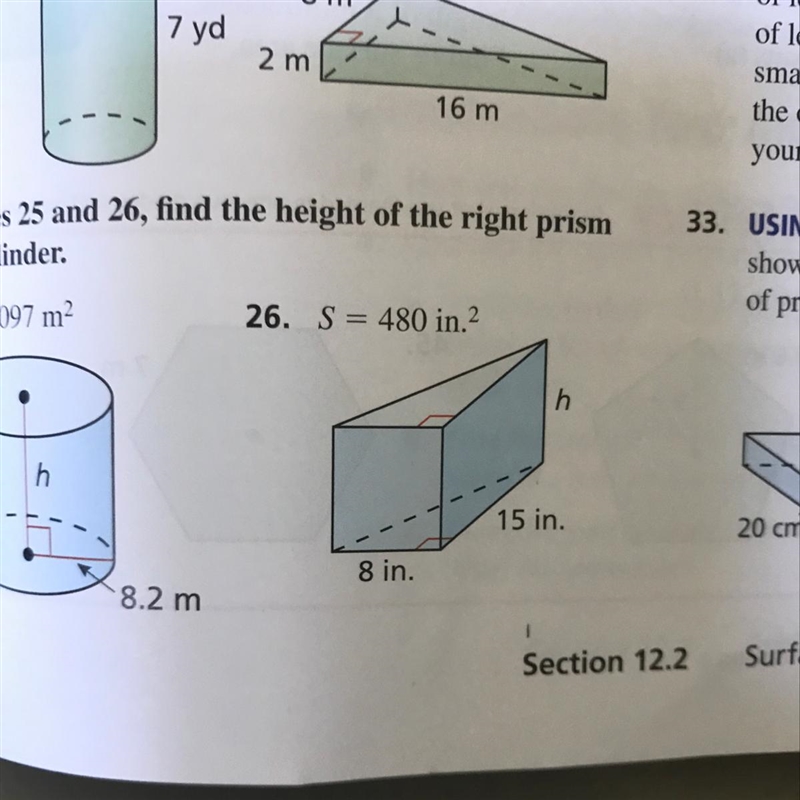 In Exercise 26, find the height of the right prism.-example-1